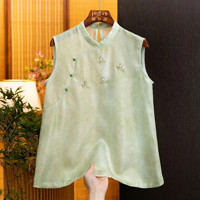 New Chinese-Style Silk Vest with Elegant Diagonal Placket and Button Closure for Women, 2026 Summer New Loose-Fitting Slimming Vest