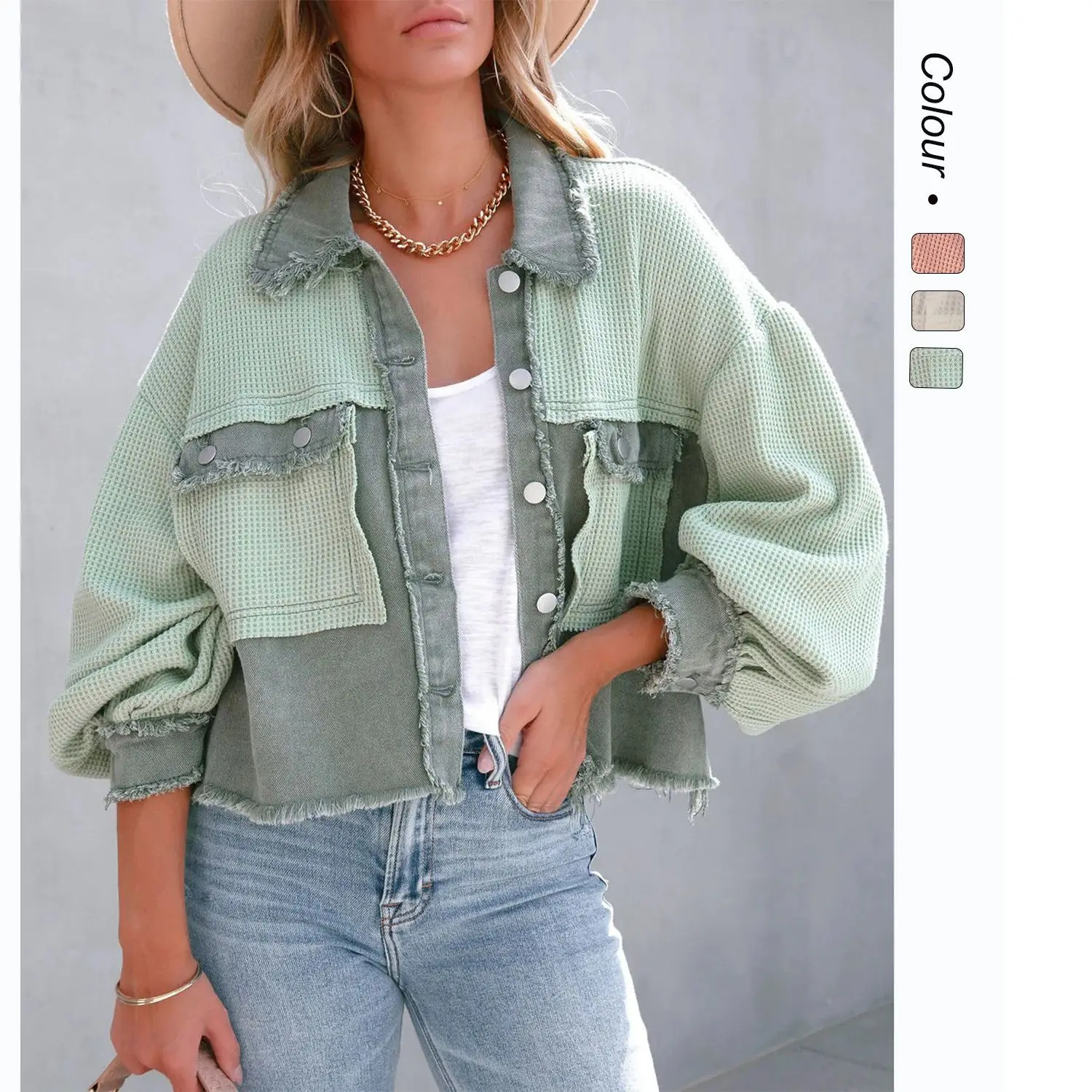 

Ins Casual Fashion Style European American Autumn Winter Waffle Texture Patchwork Washed Jacket