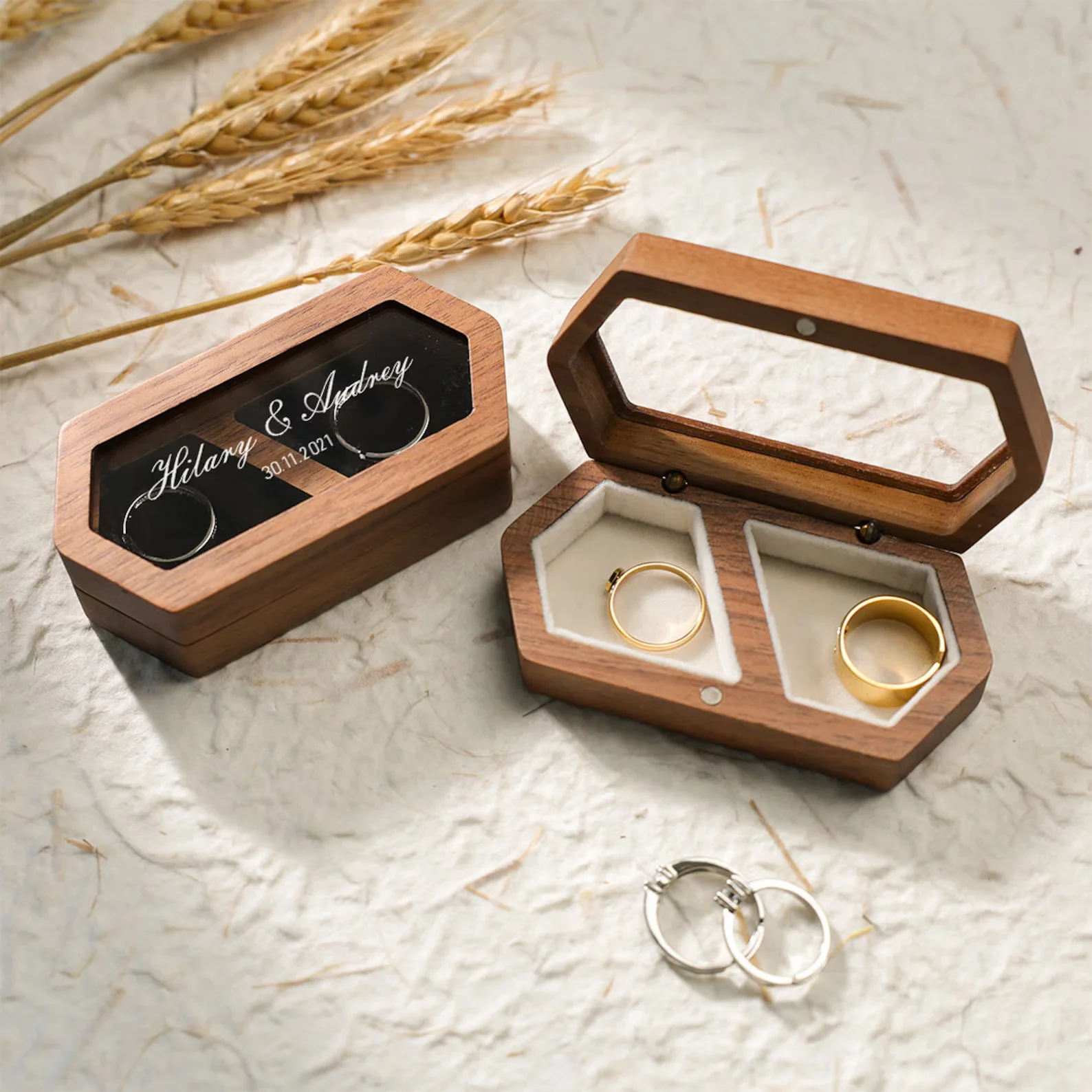 

Деревянный футляр для ювелирных изделий с двойным отделением, дисплей с прозрачным окном, персонализированный для помолвки/свадьбы, стильное хранилище колец/серьг