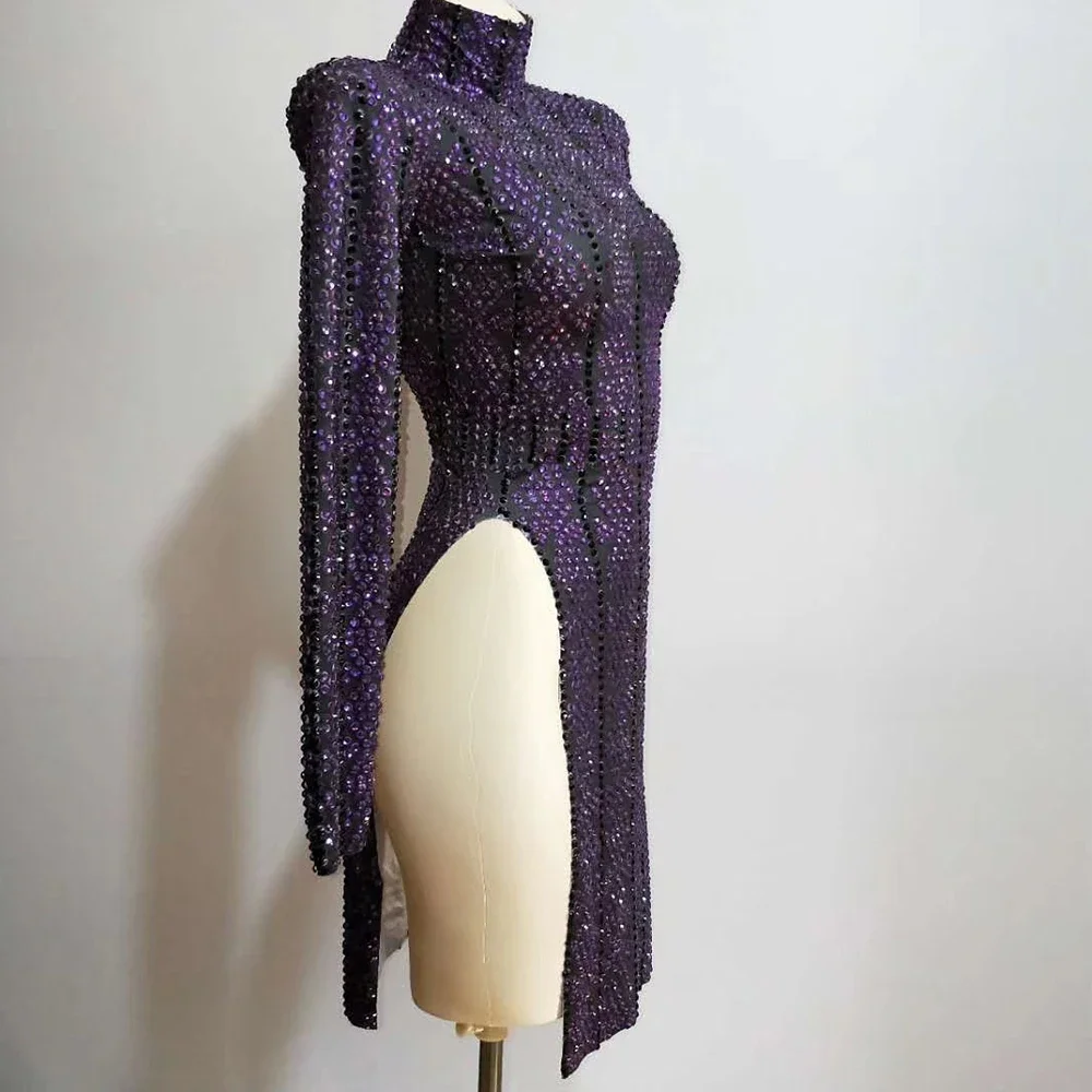 Shining Diamonds Long Sleeve Dress Purple Women Slit Cheongsam Bling Stage Show Nightclub Dance Wear Birthday Prom Costumes