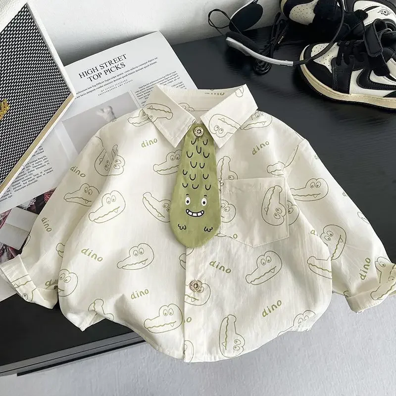 

2026 New Children's Shirt Spring and Autumn Boys Cartoon Full Printed Long Sleeved Fashionable Tie Shirt Jacket