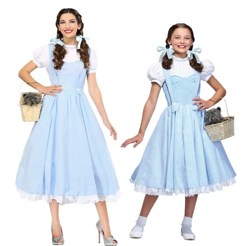 Disfraz de mago de Oz Dorothy para mujer, traje de vestir de guinga azul con personaje de cuento de hadas, disfraces de Halloween para niñas y niños S M L X NM35