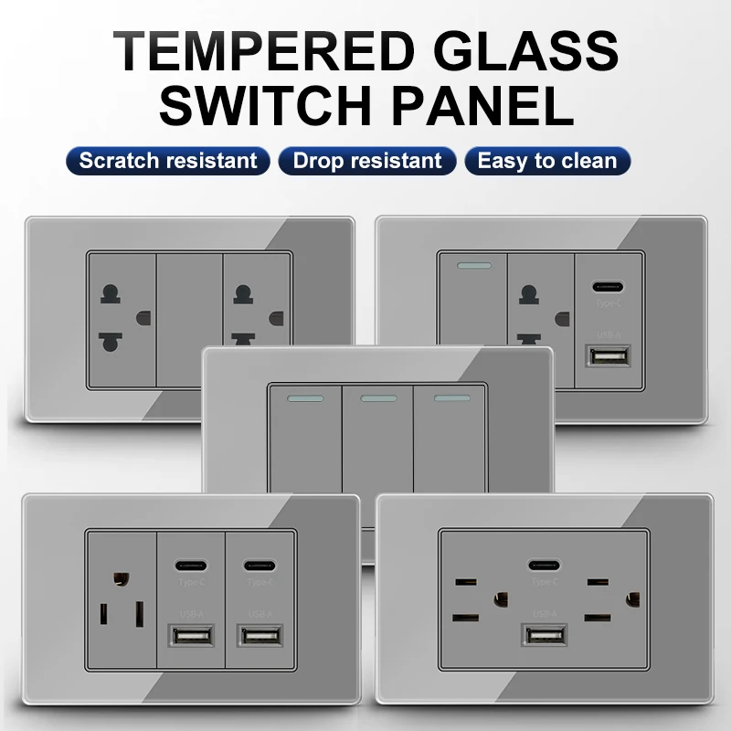 

118*75mm Tempered Glass US Wall Socket Grey Thai USB Socket Plug with Dual USB Type-C Ports,Light Switch 110V