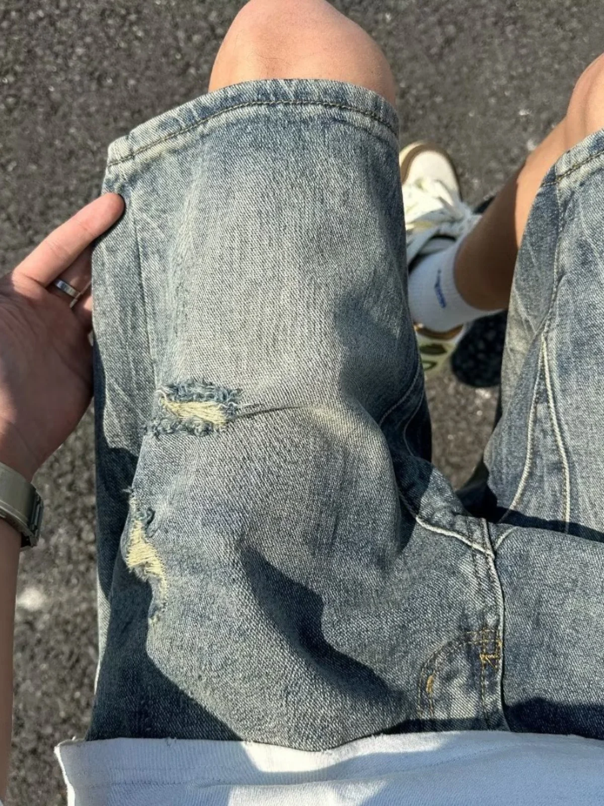 

Summer Men's Distred Denim orts American Vibe Retro Loose Fit Trendy High Street Large Size Five-Point Pants