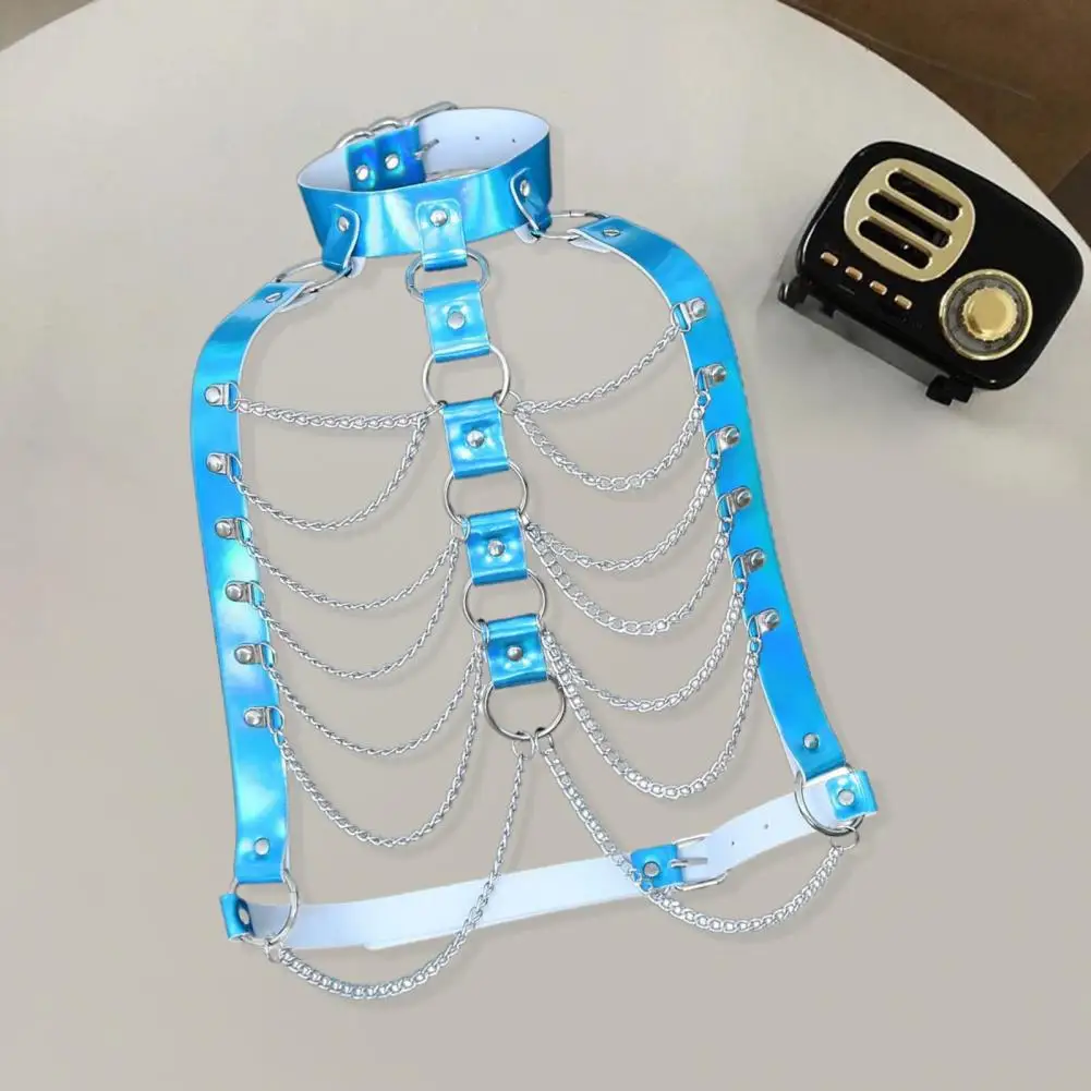 Fashion Waist Chain Sparkling Faux Leather Body Chain Harness Top for Women Punk Festival Outfit with Waist Chest Chains Faux