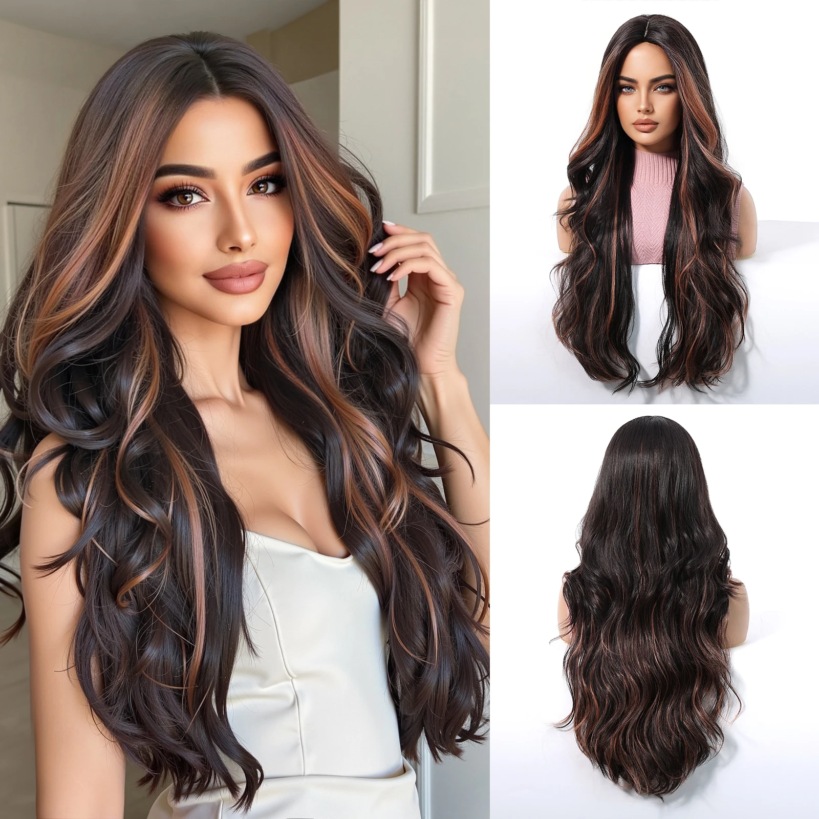 

Long Curly Dark Brown Highlights Wigs Medium Part Wig Synthetic Water Wave Hair For Women Daily Cosplay Party Heat Resistant