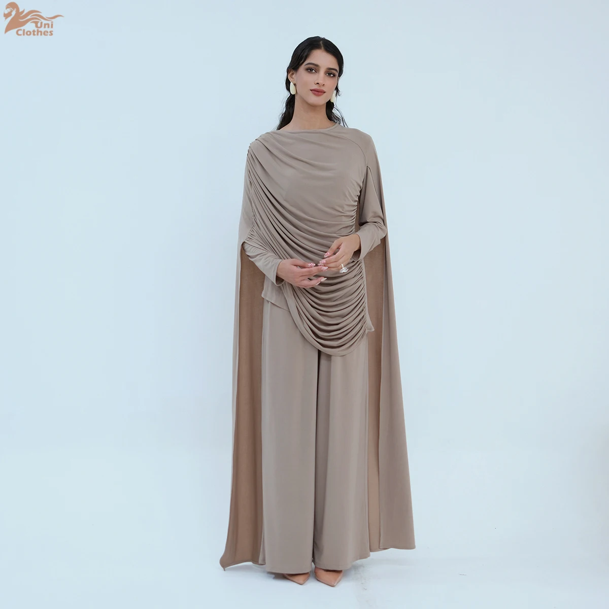 Uni Elegant 2 Piece Set Muslim Women Cape Top and Wide Leg Pants Modest Pleated Abaya Suits Dubai Turkey Outfits 2026