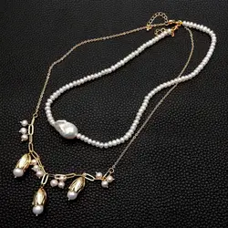 YYGEM 2 Strands Natural 4-5mm white potato pearl 15x23mm White Keshi Pearl Gold Plated Chain Choker Necklace