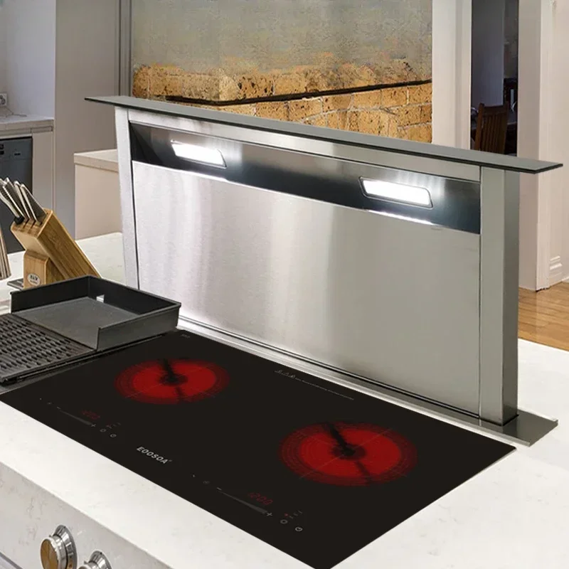 The lifting range hood is hidden  island platform circular pumping is embedded  bottom row for household downward suction.