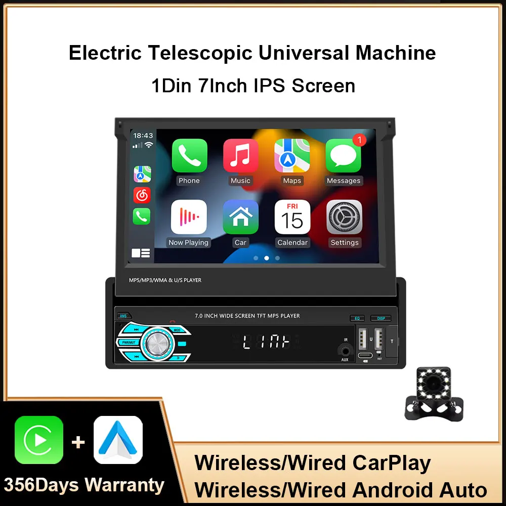 7inch Car Radio Automatic Retractable Touch Screen Single Din Car Multimedia Video Player Wireless CarPlay Android Auto BT USB