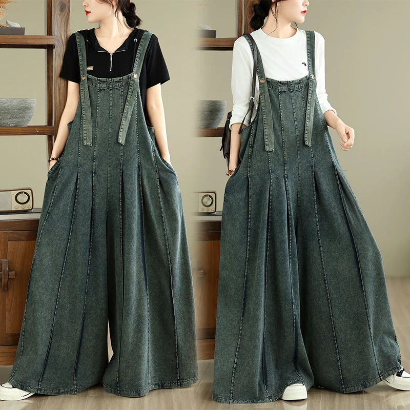 Spring Summer Autumn Long Denim Overalls Loose Fit Vintage Style Ladies plus Size Cotton Polyester Blend Straight Leg Jeans