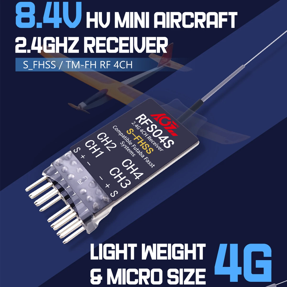 

RFS04S High Voltage 2.4Ghz S-FHSS Compatible 4CH Mini RC Receiver for Fixed Wing Aircraft Futaba 18MZ 14SG 10J 8J 4PX 7PX 3PV