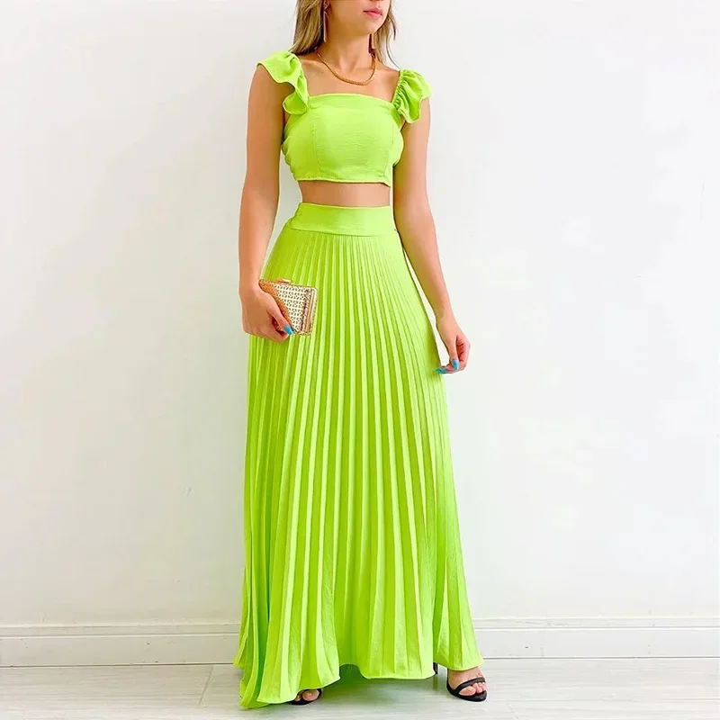 Women\'s Clothing Summer New Solid Color Short Tank Top & High Waist Pleated Long Skirt Fashion Casual 2pcs Clothes Set