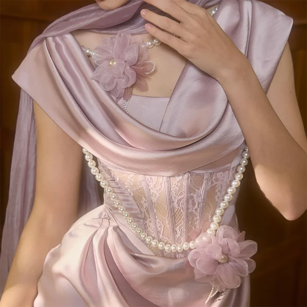 ロマンチックなストラップレスパールノースリーブティーレングスストレートフォーマルイブニングドレス誕生日パーティープロムドレスカスタマイズ