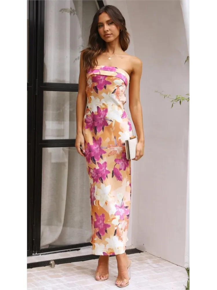 

Fashionable And Elegant Solid Color Tube Top Slim Dress 2026 Spring And Summer New Temperament Backless Printed Long Skirt
