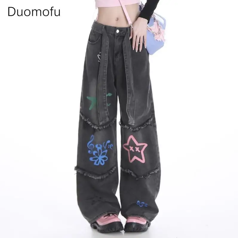 

Duomofu Dark Grey American Street Star Graffiti Loose Women Jeans Autumn New High Waist Slim Fashion Casual Simple Female Jeans