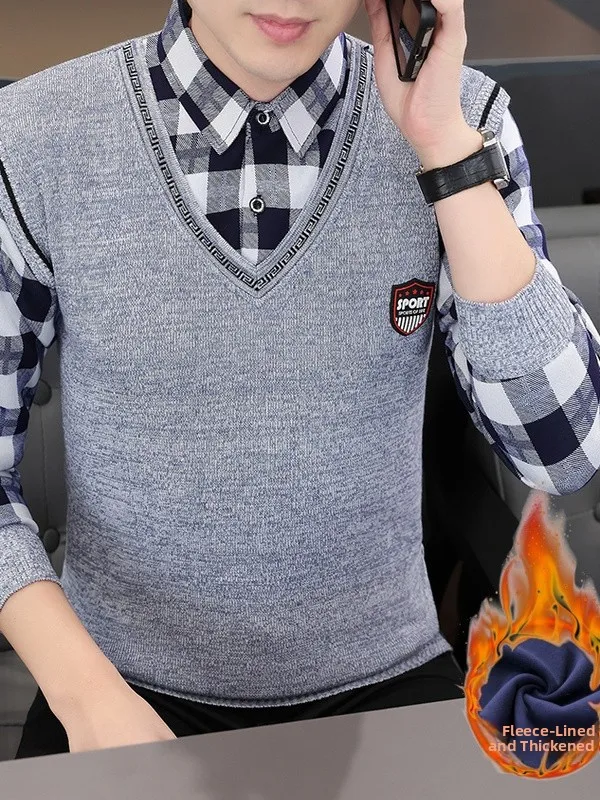 

Мужской искусственный двухсекционный свитер с откидным воротником, повседневный клетчатый дизайн, теплый жилет, зимняя модная верхняя одежда