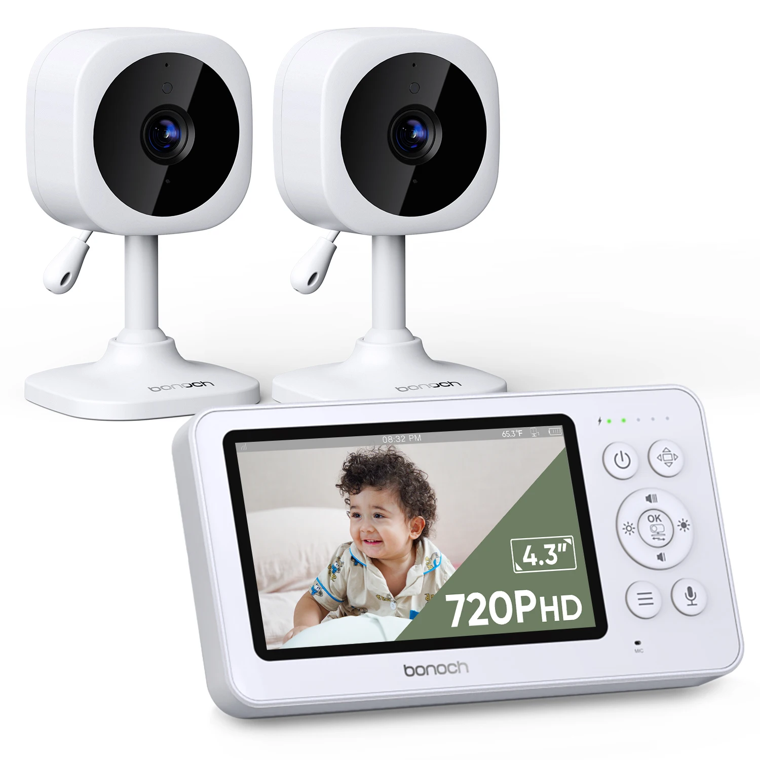 

bonoch 4.3" Baby Monitor with 2 720p Video LCD Display Cameras with 23Hour Battery, VOX Mode, 2-Way Audio, Auto Night Vision