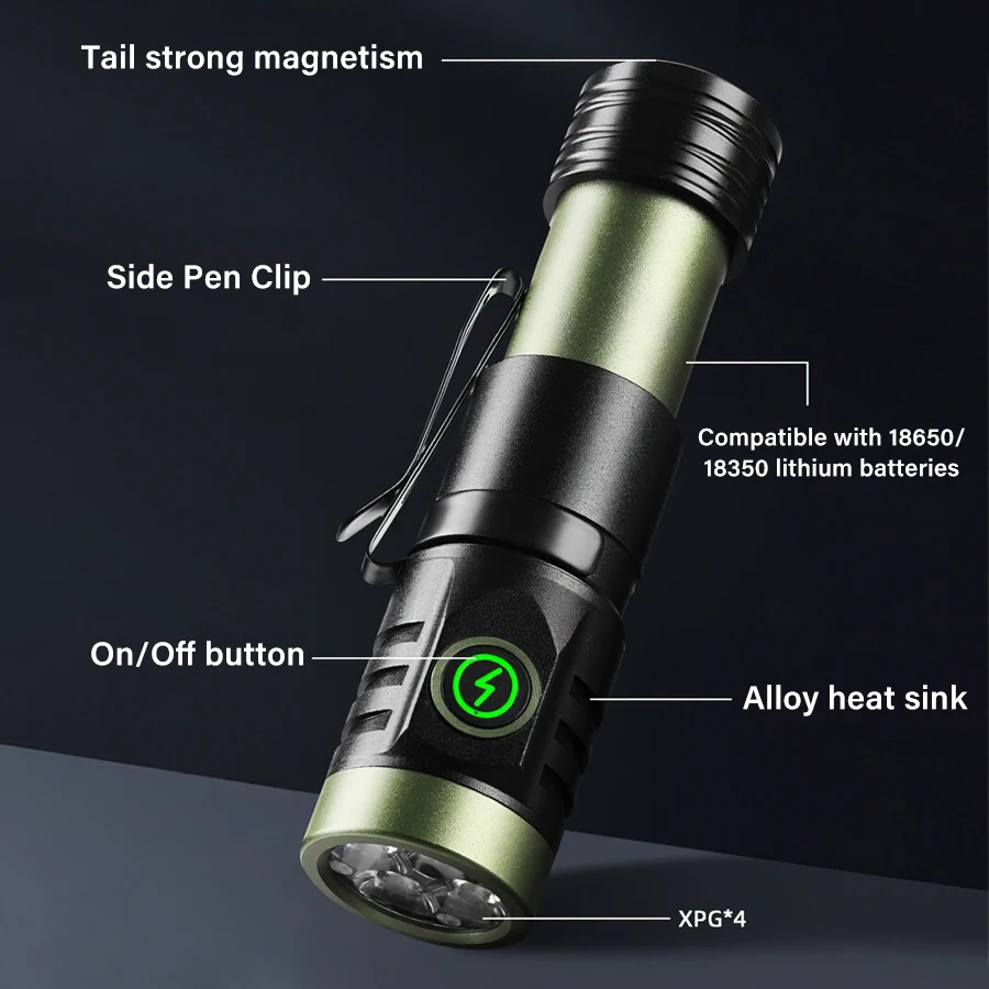 4*XPG LED Flashlight 2000lm 18650 USB Rechargeable Portable Torch with 18350 Tube Tail Magnet Outdoor Camping Fishing Lantern