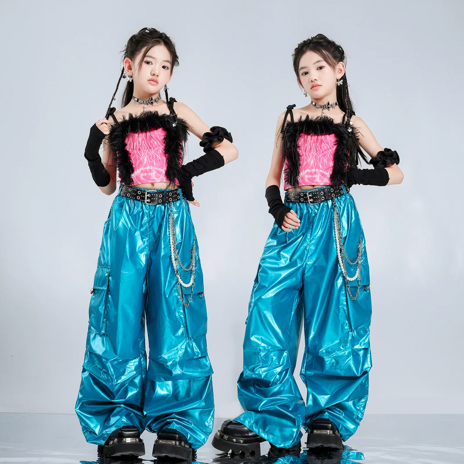 

Jazz Dance Performance Costumes For Girls Group Vest Blue Leather Pants Streetwear Hip Hop Clothes