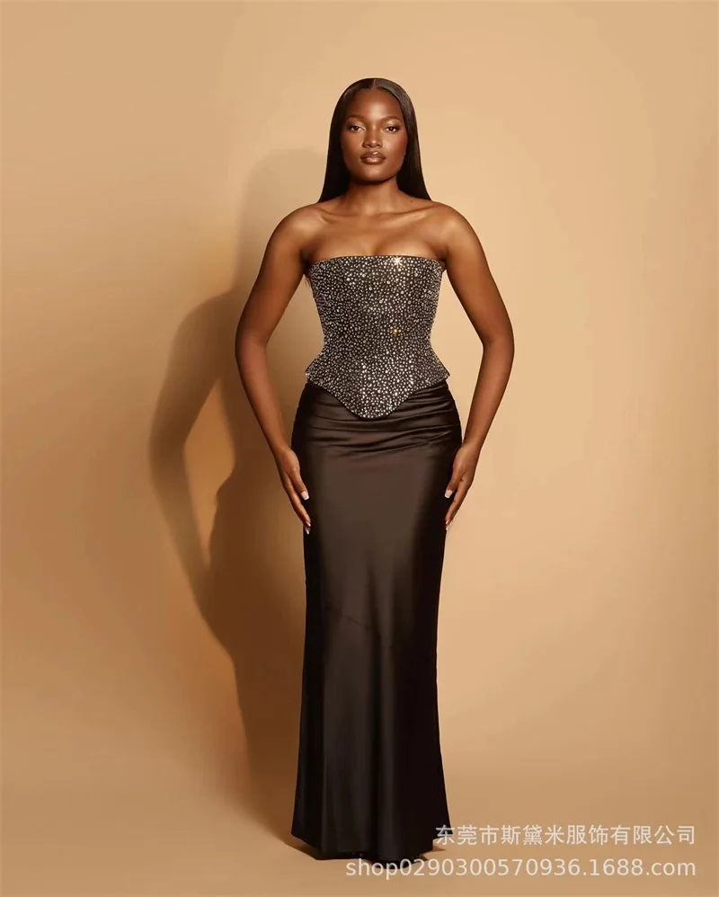 

​​Elegant Black Sequin Women Mermaid Evening Dress 2025 Strapless Corset Gown with Scarf Flowing Skirt Sparkly Night Clubwear