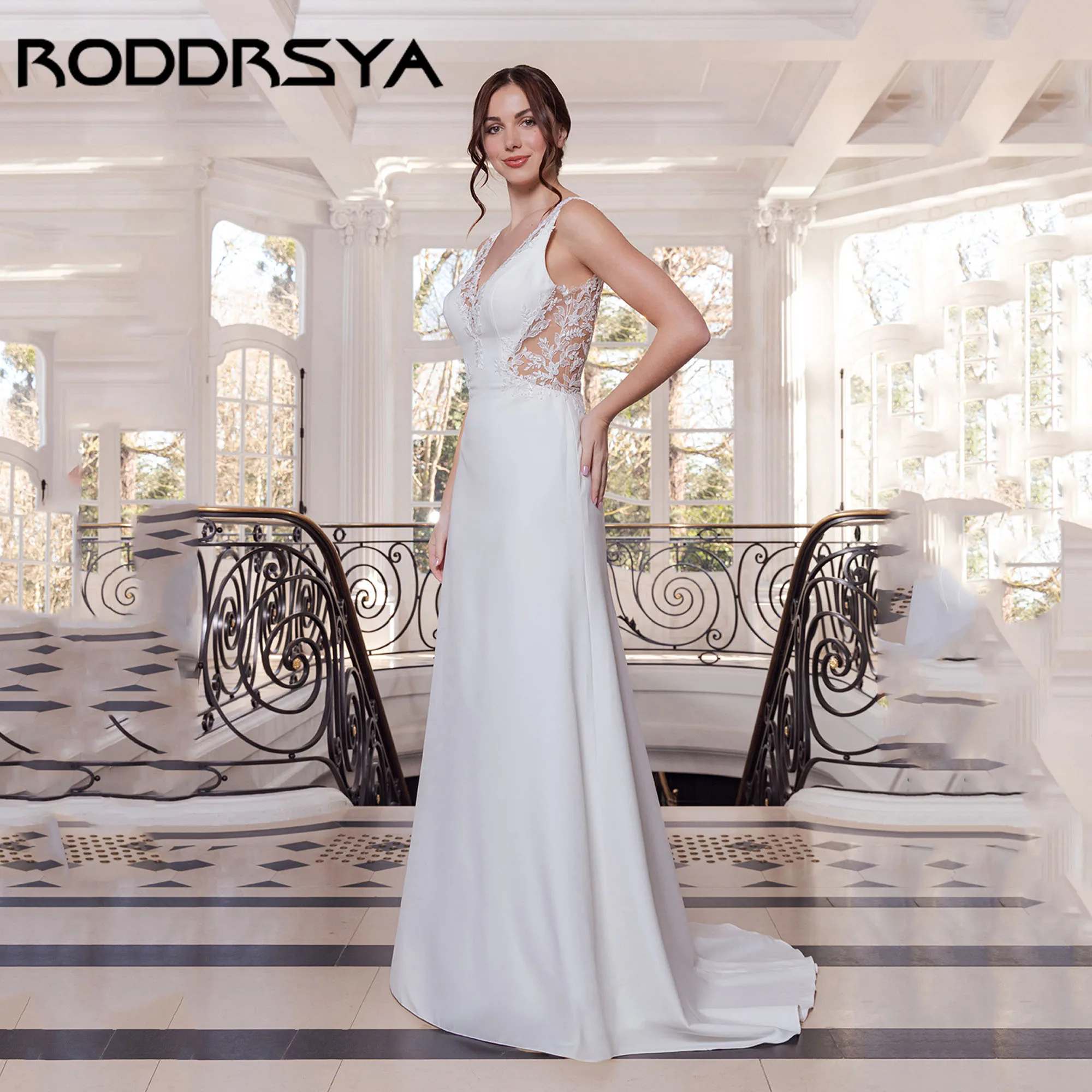 

RODDRSYA Satin Appliques Wedding Dress 2025 Elegant V-neck A-line Lace Bridal Gown Sleeveless Modern vestido de novia Customized