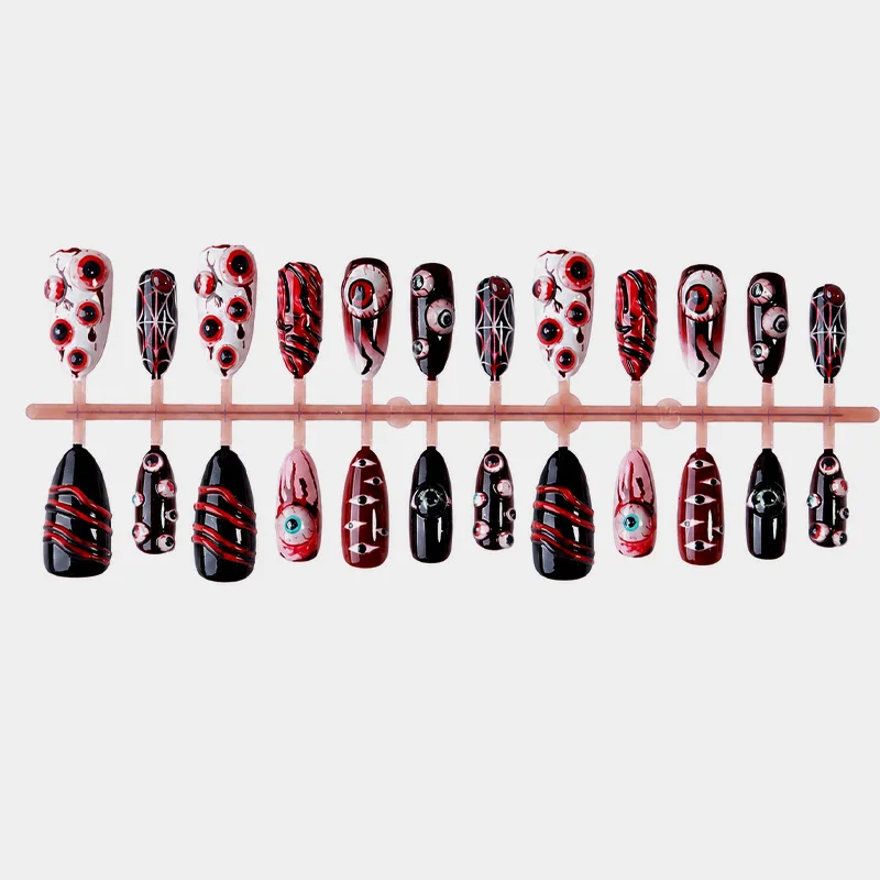 24 Stück extra lange Stiletto-Press-On-Nägel Halloween Horror 3D Augapfel Blutstropfen Spinnennetz Künstliche Nägel Gothic Gruselige Falsche Nägel – Detail 5
