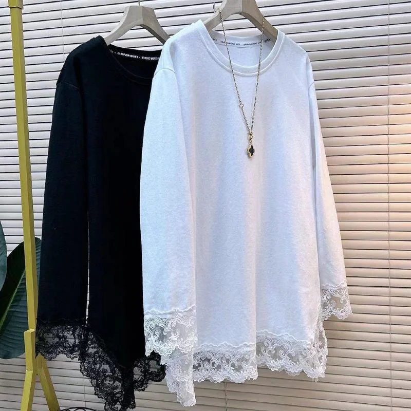 

plus Size Women's Casual round Ne Long Sve Top Lace Splicing Mid-Length Spring Faion Comfortable Versatile plus MM