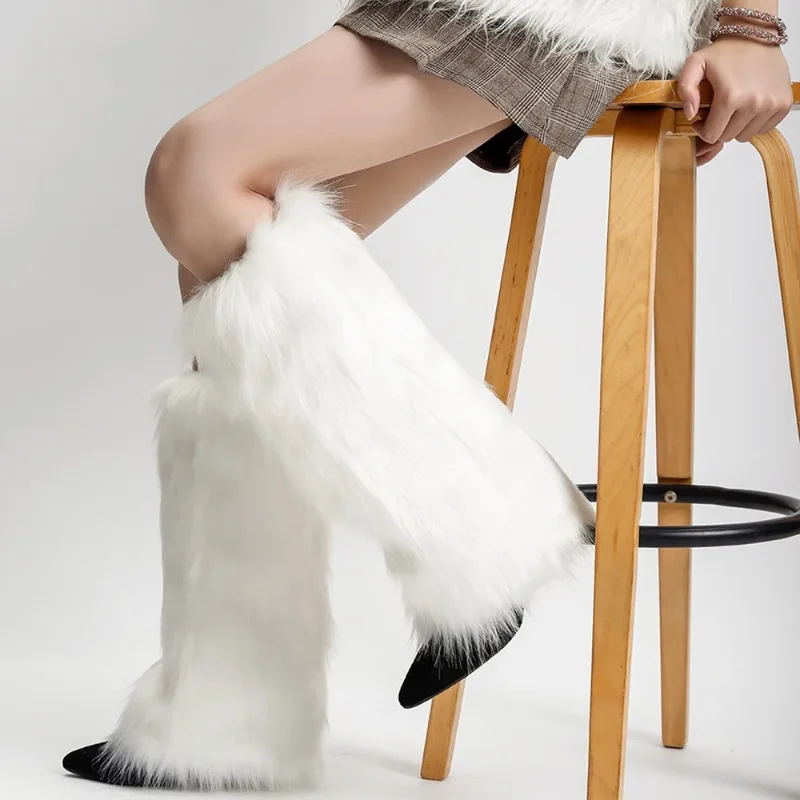 

Japanese White Faux Fur Leg Warmers Boot Covers Y2K Goth Solid Leg Socks Punk Jk Knee-length Hiphop Hotgirl Fashion Warm Sock