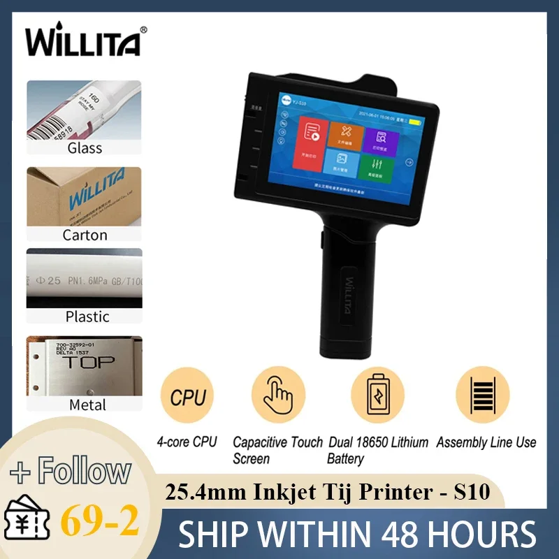 

Willita 25.4mm Portable Handheld Inkjet Tij Printer Gun For Logo Expiry Date QR Barcode Batch Numbers Label Machine S10