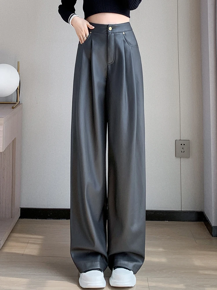 Women Faux Leather Pants PU High Waist Straight Leg Pants with Pockets Leather Wide Leg Casual Pants Y2K Autumn Winter Trousers