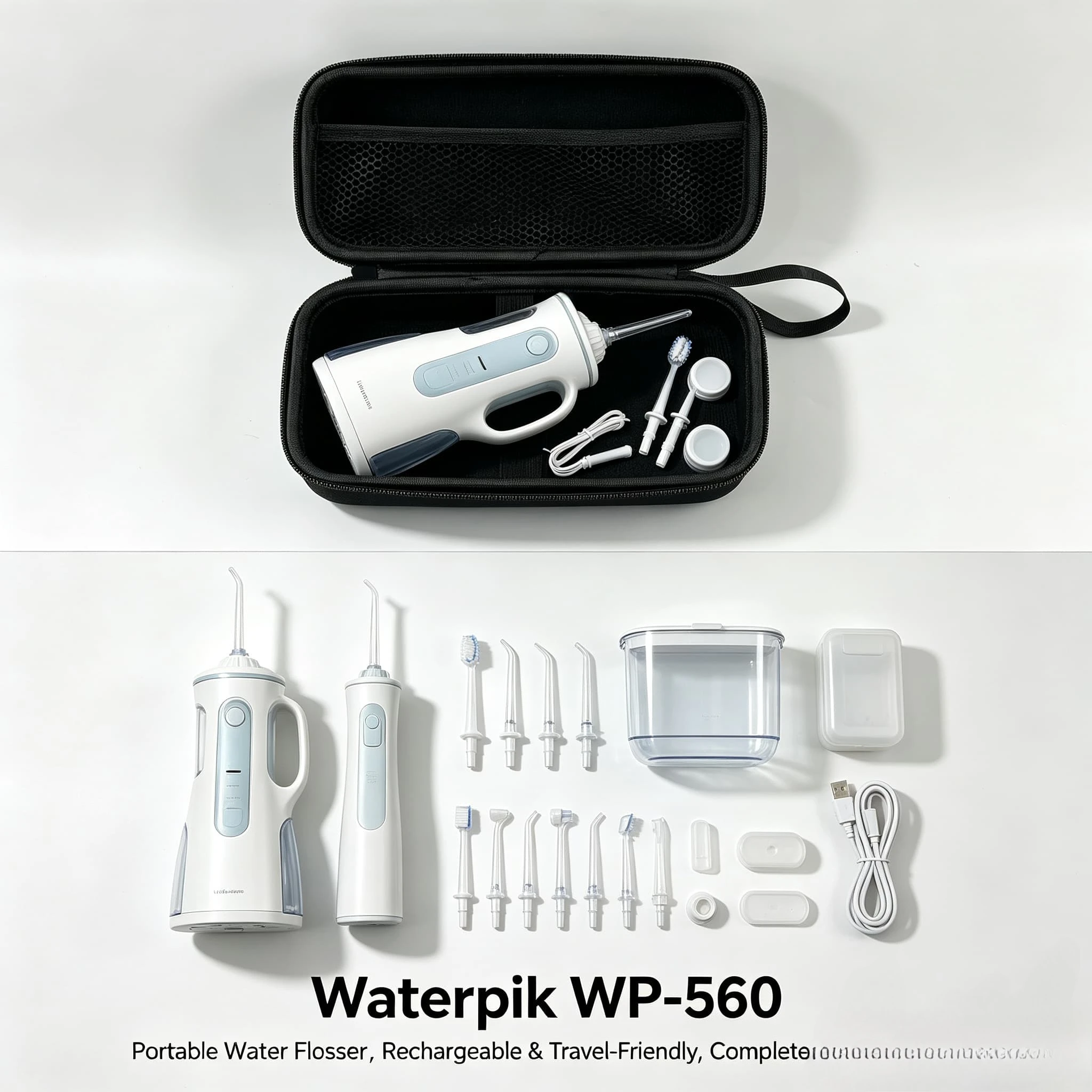 This durable EVA hard case is custom designed for Waterpik WP-560 water flosser. It protects your oral irrigator and nozzles