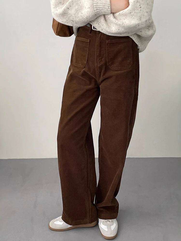 LANMREM Office Lady Corduroy Long Pants Women's High Waist Solid Color Slim Trousers Versatile 2025 Spring New Clothing 2VV1843