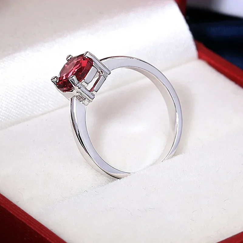 Women's Red Ruby Oval Egg Shape Gemstone Silver Wedding Ring