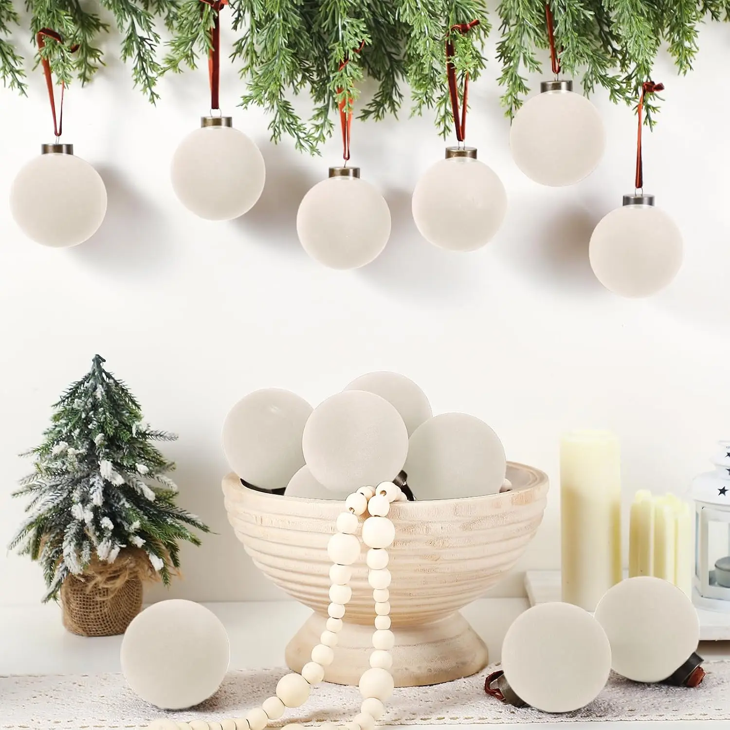

15 PCS Cream White Flocked Christmas Ball Ornaments 3.15 inches Christmas Balls Hanging Pendant Decorations New Year's Decor