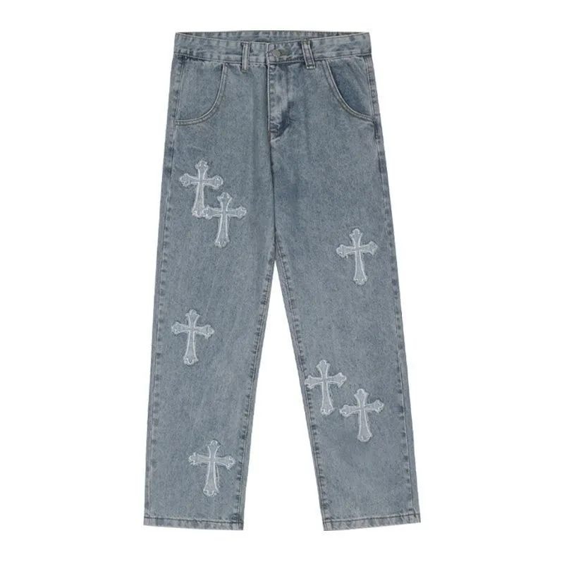 High Street Men Trousers Cross Patch Jeans Hip-hop Handsome Explosive Street Straight Tube Loose Wide Leg Motorcycle Pants