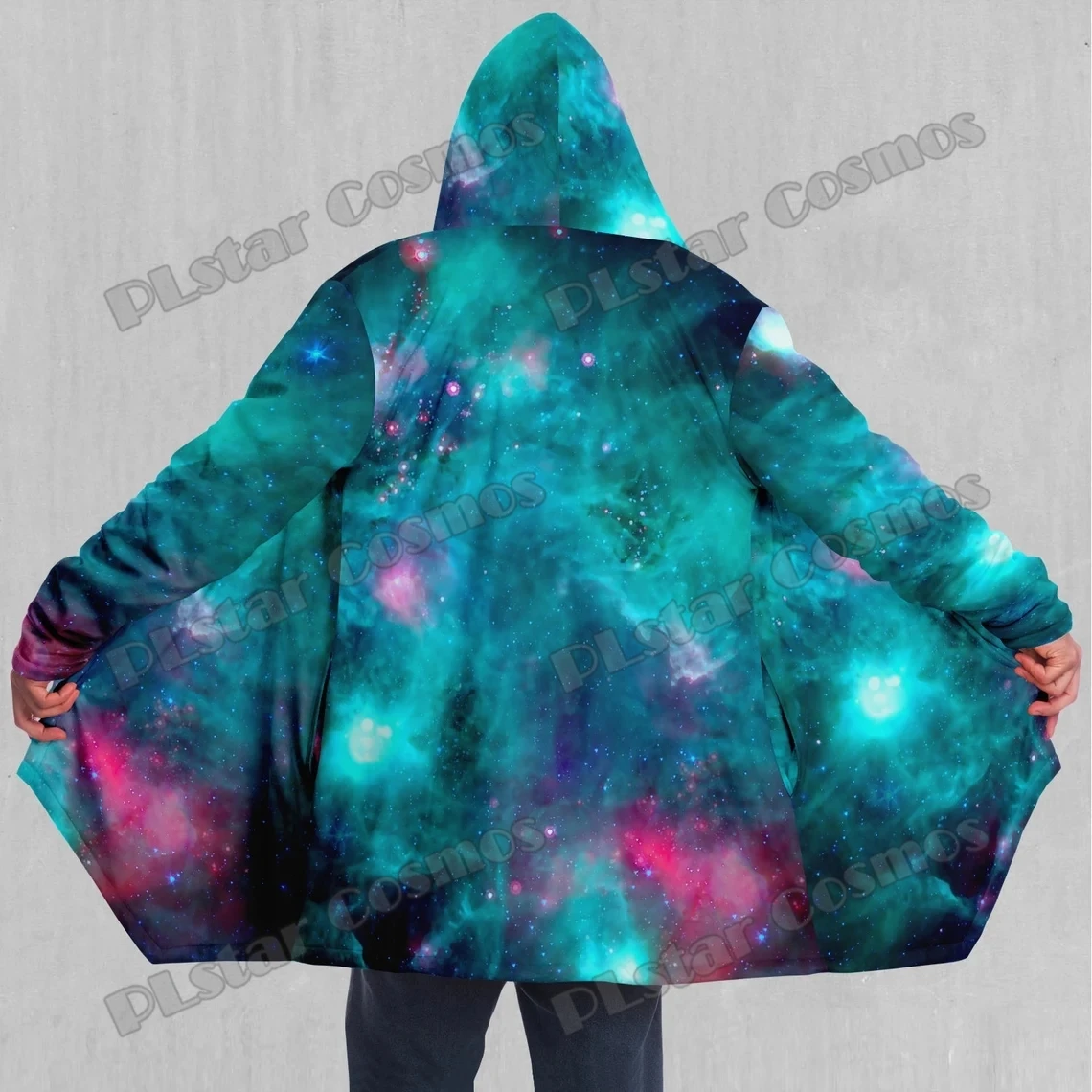 

Galaxy Aurora Blue Nebula Space Pattern 3D Printed Mens Sherpa Lined Hooded Cloak Winter Unisex Casual Thick Warm Cape Coat DP77