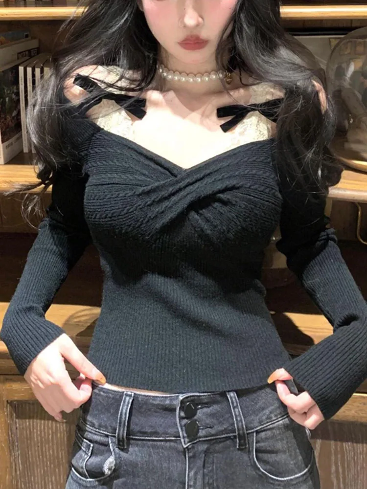 Fashion Simple Slash Neck Knitted Sweater Bow Fake Two Pieces Long Sleeve Slim Pullovers Black Chic Gothic Clubwear Streetwear