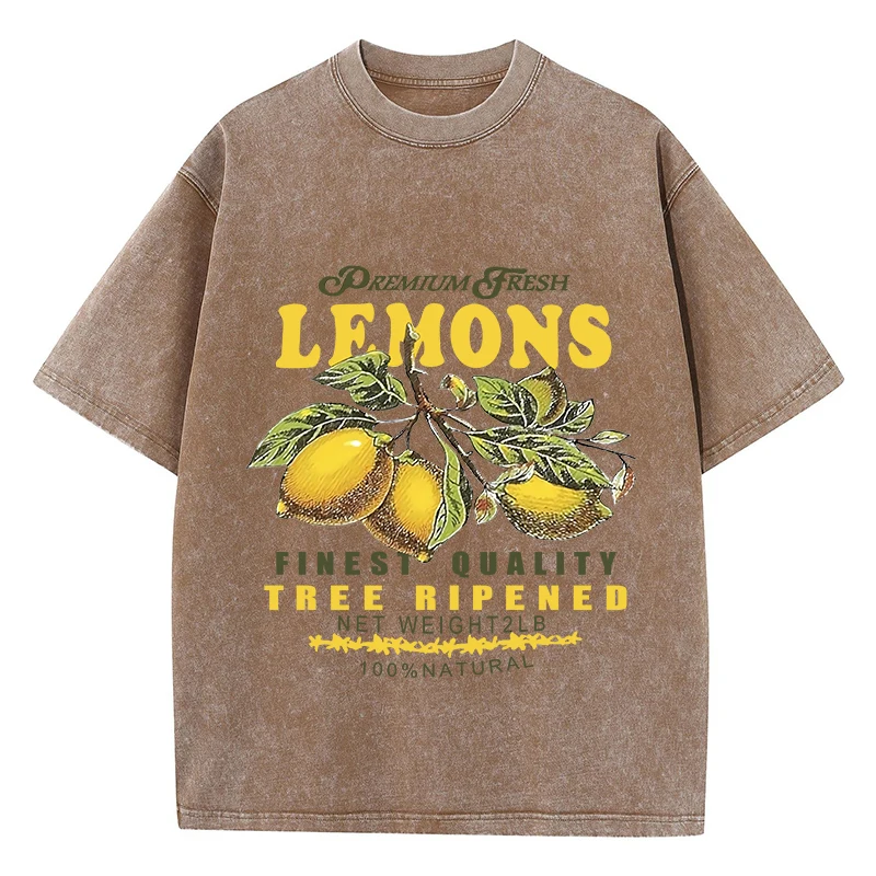 Unisex Cotton Women Washed T-Shirts Lemons Printing Tees Distressed Oversize O-Neck Short Sleeve Casual Female Clothes