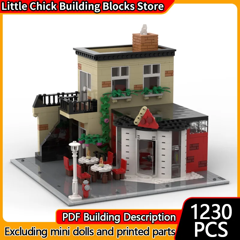 

Модель City Street View MOC, строительные кирпичи, угловой пицца, ресторан, модульная технология, детские праздничные подарки, сборка игрушек, костюм