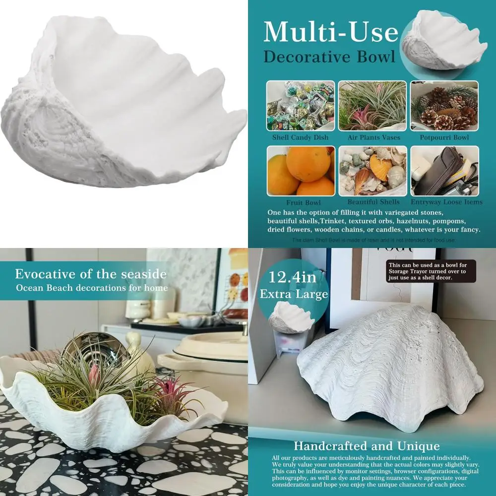 

Large White Clam Shell Bowl - Coastal Decorative Storage for Beach-Themed Home & Nautical Coffee Table Centerpiece, 12.4