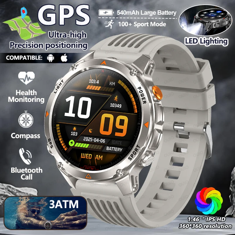 

Новинка 2025 года, 540 мАч, умные часы с большой батареей, GPS-траектория, фонарик, 3 атм, водонепроницаемый компас, управление здоровьем, BT Call, умные часы
