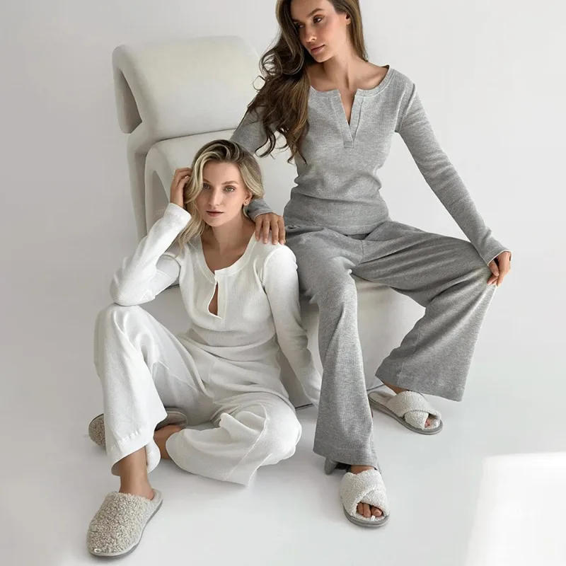 

2026 Women's Autumn New V Neck Long Sleeve Pants Pajama Set Ribbed Texture Women's Slim Fit Pajama Loungewear Pyjamas Women