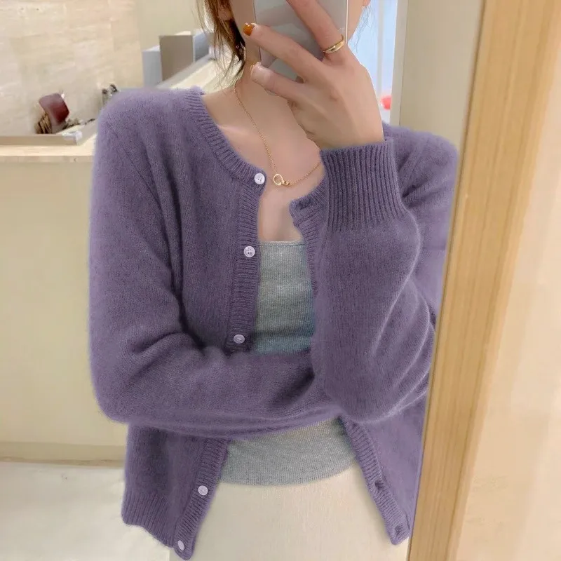 Women Cardigans Sweater Autumn Winter O-neck Knitted Cashmere Cardigan Solid Long Sleeve Single Breasted purple Sweaters Lady