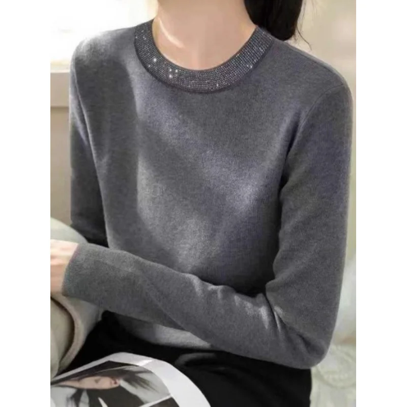 

Модная универсальная трикотажная базовая рубашка с бриллиантами, топ на весну и осень, длинная свободная внутренняя одежда, модные женские свитера