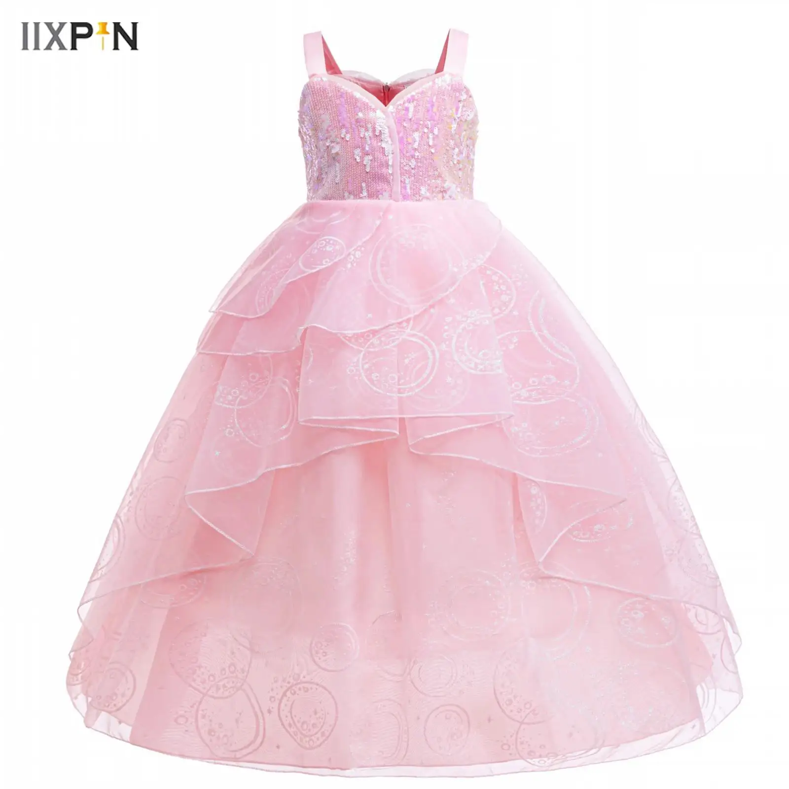 

Girls Party Princess Dress Shiny Sequins Wide Shoulder Straps Layered Ruffled Tulle Dress for Banquet Halloween Cosplay Costume
