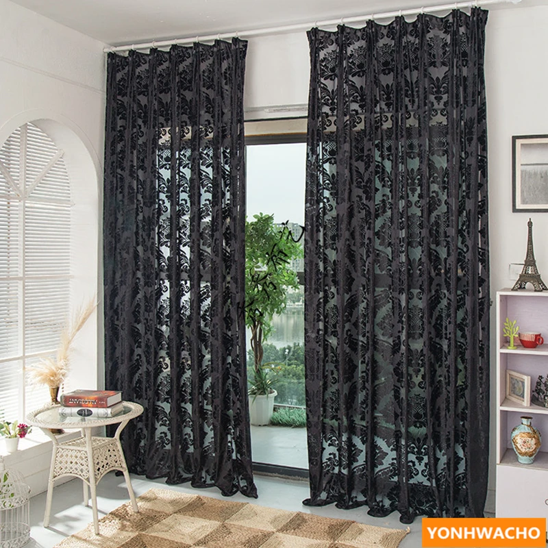 high grade luxury European modern embroidered black sheer curtain tulle N934