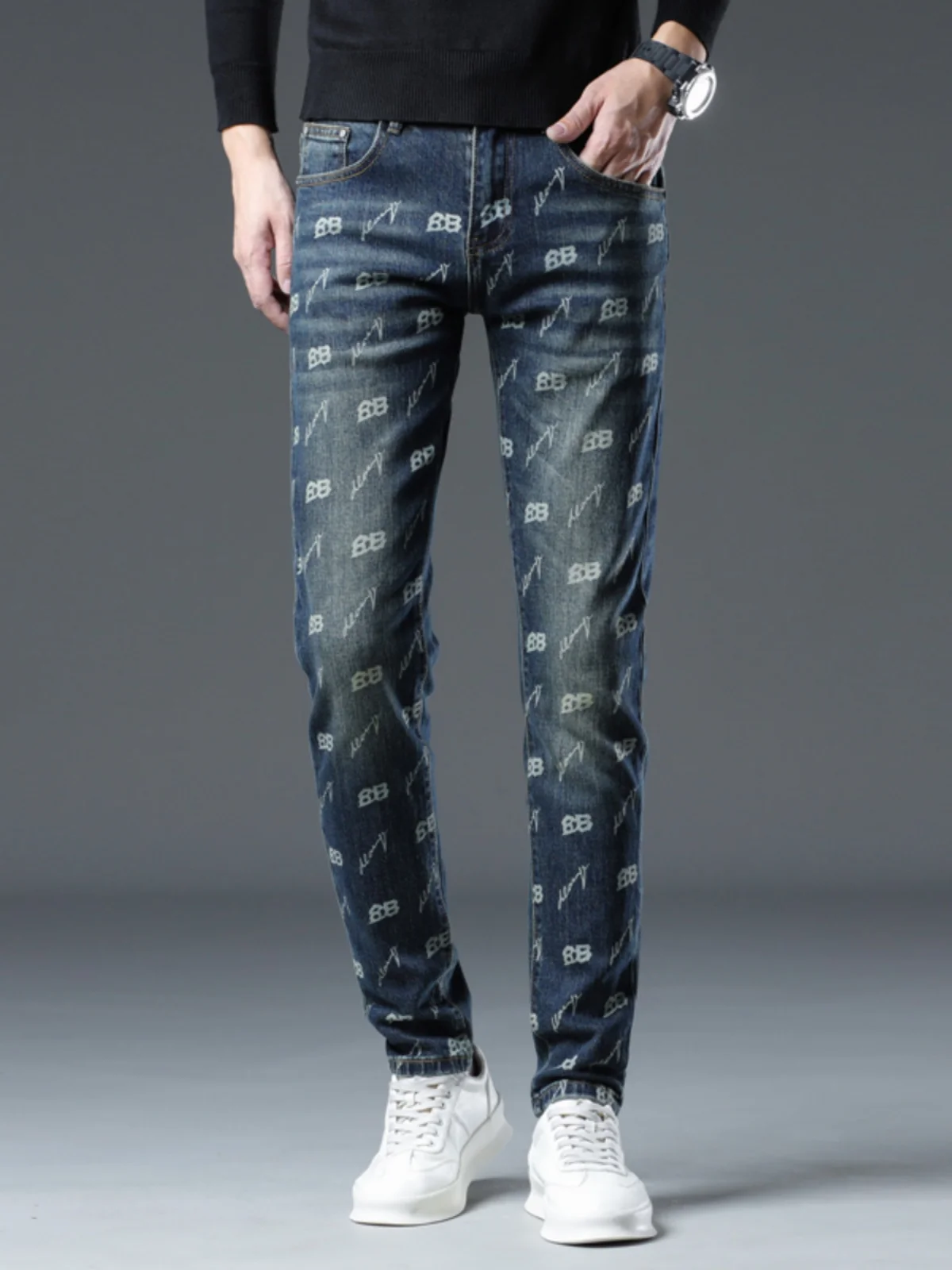 

Retro Letter Print Slim Fit Jeans Men's Vintage Elastic Casual Cotton Denim Pants Autumn Winter Faion Youth Sle