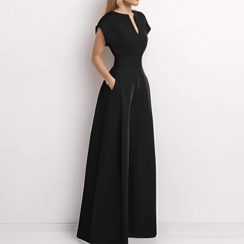 2026 New Women's Jumpsuit V-neck Short Sleeved High Waisted Wide Leg Loose And Comfortable Commuting Solid Color Jumpsuit