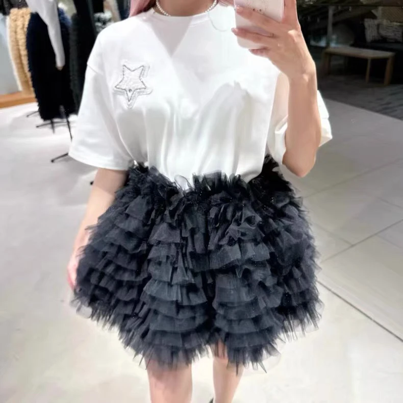 Japanese Style Sweet Bud Cake Skirt Summer New Women's Elastic Waist Short Skirts Ladies Loose Casual T-shirt Tops 2025